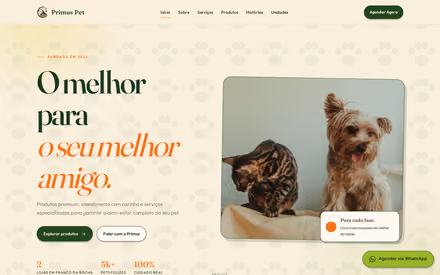 Abertura do site do Primus Pet, com título serifado verde e laranja sobre fundo creme