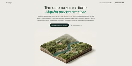 Abertura da landing page do Garimpo, com título serifado sobre fundo claro