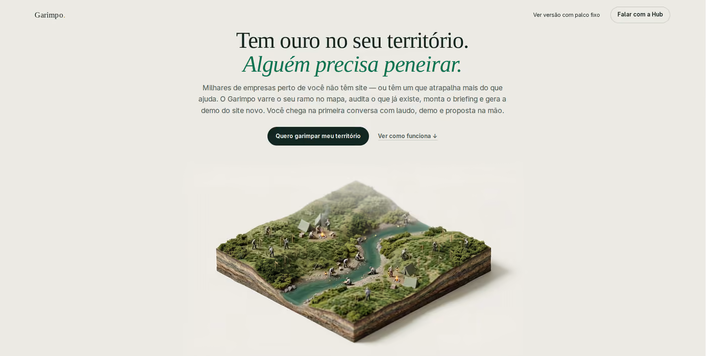 Abertura da landing page do Garimpo, com título serifado sobre fundo claro