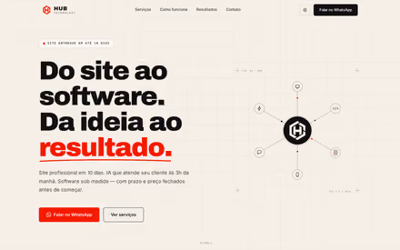 Abertura do site da Hub Technology, com título em grotesca pesada e o mark hexagonal à direita