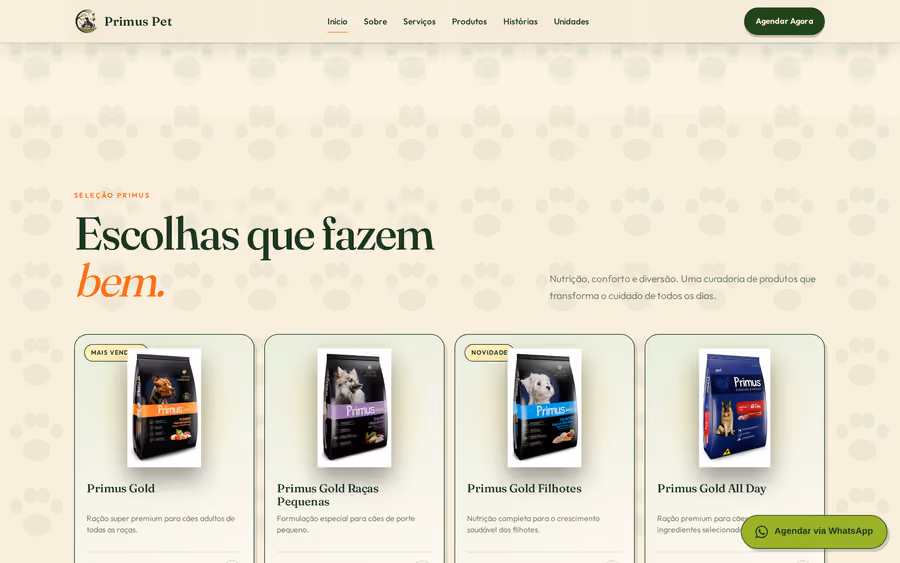 Seção de produtos do site do Primus Pet