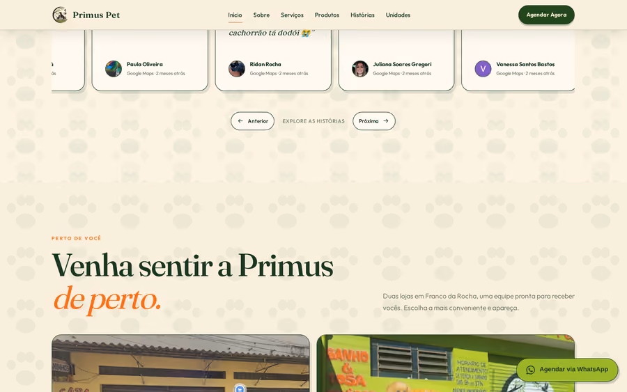 Seção de histórias de clientes do site do Primus Pet
