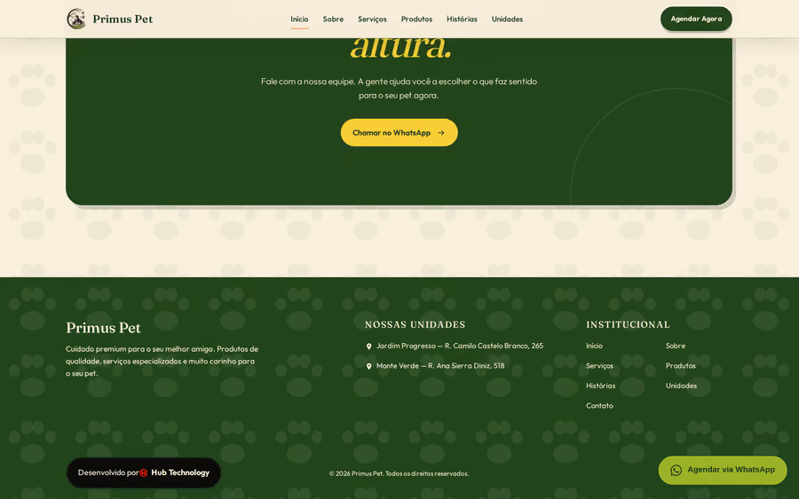 Seção de unidades do site do Primus Pet